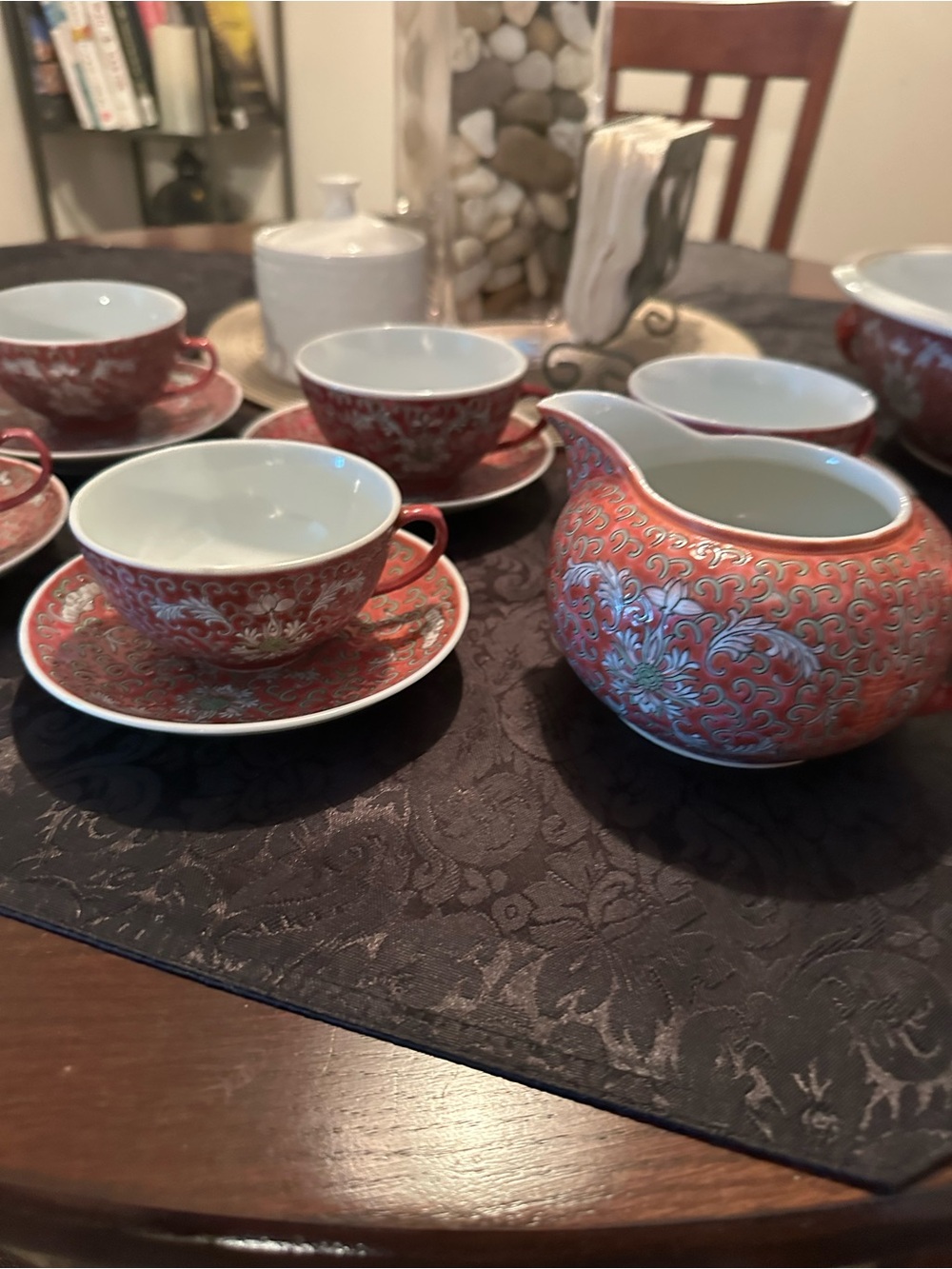 Vintage Famille Rose Mun Shou Porcelain Tea Set of 5 & soup bowl